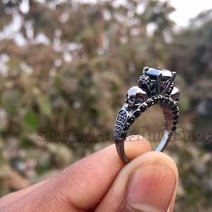 Black Moissanite Diamond Skull Ring - Pretty Women Skull Engagement Ring - Black Rhodium Over Silver Skull Wedding Ring Sterling Silver2894