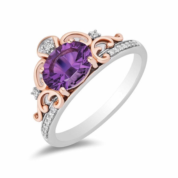 Enchanted Disney Fine Jewelry Sterling Silver Amethyst Stepsisters Ring-Tiara Like silhouette Ring- Romantic Jewelry -East West Diamond Ring