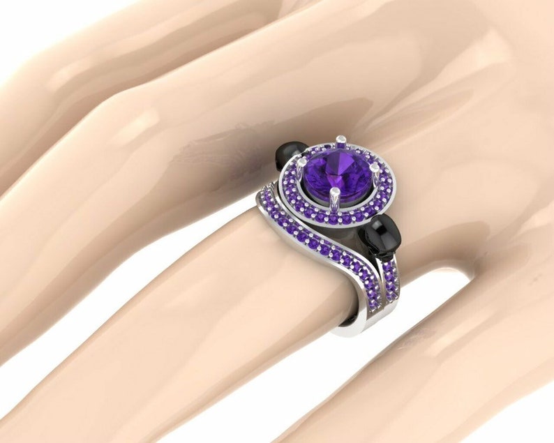 Two Tone Ringsets Skull Ringsets For Women/'s 925 Sterling Silver 1.25ct amethyst Round Cut Cubic Zirconia Diamond Gothic Skull Ringsets