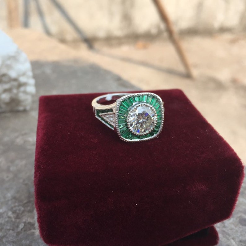 2.00ct White Round Cut /& Green Cubic Zirconia Diamond Vintage Artdeco Engagement Wedding Ring In 925 Sterling Silver