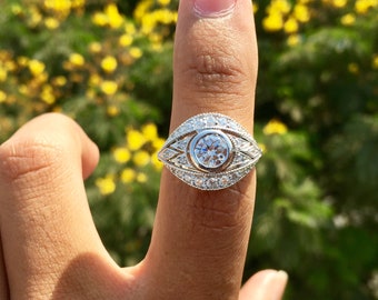 1.0 Près de blanc Moissanite Diamond Edwardian Engagement Wedding Ring/vintage Bezel Set Ring / Art Deco Engagement Ring4664