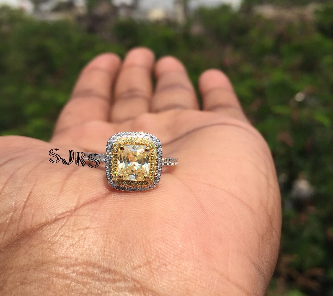 Canary Yellow Radiant Cut Simulated Diamond Double Halo Sterling