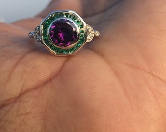 1.30 CT Amethyst & Emerald Diamond Art Deco Style Engagement Wedding Ring In 925 Sterling Silver- Valentine Gifts- Promise Ring 4516