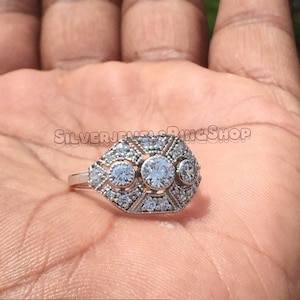Art Deco Style Ring/ 2 Ct Round Cut Moissanite White Gold Plated Vintage Wedding Anniversary Ring for Women’s/ Three Stone Ring4943