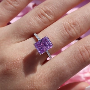 Rare 3.08 Ct Radiant Cut Crushed Ice Purple Diamond Solitaire Engagement Wedding Ring, Antique Ring, Stackable Ring,Luna Ring, Serenity Ring