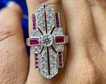 Art Deco Ruby Diamond Ring: 935 Argentium Silver Geometric Cocktail Ring