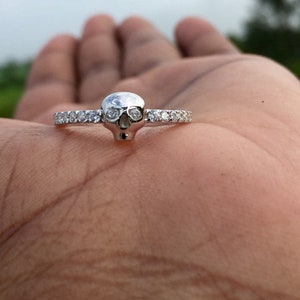 Tiny Skull Engagement Ring With 1.00 Ct Created White Sapphire Diamond Women&#39;s - Girls Gothic Style Skull Ring-Certified 14k Gold Ring 4392