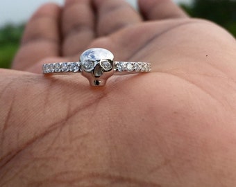 Tiny Skull Ring: 1.00 Ct Created White Sapphire, Gothic 14k Gold