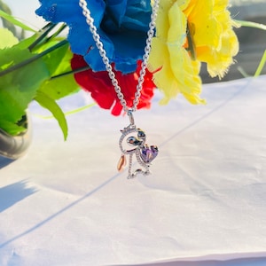 Disney Treasures Lilo & Stitch Heart Cut Amethyst Diamond 925 Silver Necklace With Chain 16” - Valentine Special Gift For Her
