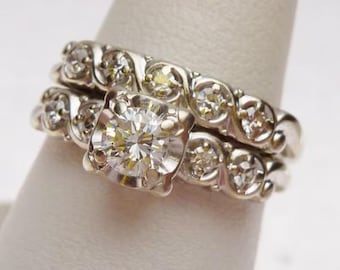 Antique Style Diamond Bridal Set 14K White Gold Illusion Head Swirl Wave Band