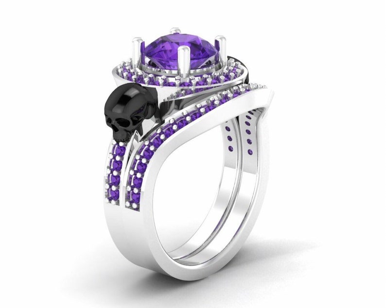 Two Tone Ringsets Skull Ringsets For Women/'s 925 Sterling Silver 1.25ct amethyst Round Cut Cubic Zirconia Diamond Gothic Skull Ringsets