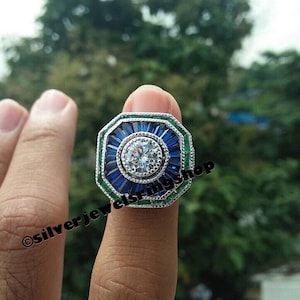 Retro Era 1880s Art Deco 1.1 Ct White Moissanite and Blue Sapphire Diamond Engagement Ring, Vintage & Antiques Ring 935 Argentium Silver2552