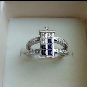 2.10Tcw Doctor Who Inspired Tardis Blue Sapphire & White Princess Cubic Zirconia Diamond Engagement Wedding 925 Sterling Silver Ring1927