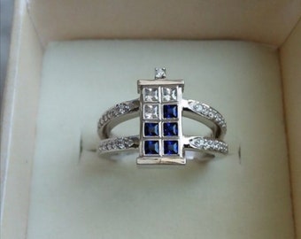 2.10Tcw Doctor Who Inspired Tardis Blue Sapphire & White Princess Cubic Zirconia Diamond Engagement Wedding 925 Sterling Silver Ring1927