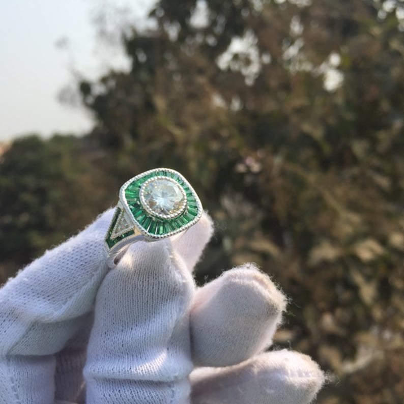 2.00ct White Round Cut /& Green Cubic Zirconia Diamond Vintage Artdeco Engagement Wedding Ring In 925 Sterling Silver