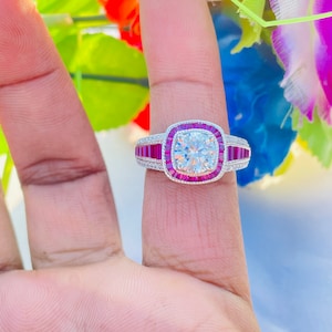 1910s Art Deco 1.10 Ct Round White Moissanite and Ruby Diamond Vintage Target Engagement Ring- Claw Set Diamond Dress Ring 7523