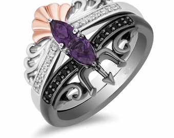 Enchanted Disney Fine Jewelry Black Rhodium Sterling Silver With Pear Amethyst Ariel & Villains Duo Stack Ring, Bridal Ring Sets