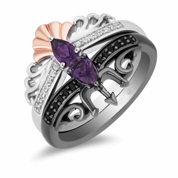 Enchanted Disney Fine Jewelry Black Rhodium Sterling Silver With Pear Amethyst Ariel & Villains Duo Stack Ring, Bridal Ring Sets