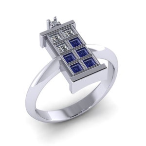 0.80Tcw Doctor Who Inspired Tardis Blue Sapphire & White Princess Cut Diamond Solitaire Engagement Wedding 925 Sterling Silver 2088