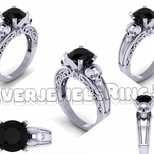 Black Moissanite Diamond Skull Ring In 925 Sterling Silver,Inspired By Gothic Two Skull Face Getting Engaged - Merried Ring 2959