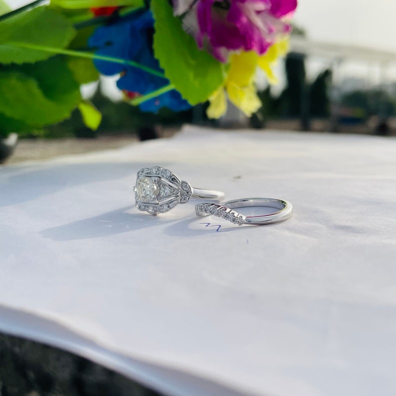 1890s Vintage 1.0 Ct Art Deco Round Cut Diamond Wedding Engagement Ring Set In Solid 14k White Gold Estate Ring Set Antique Bridal Set image 4