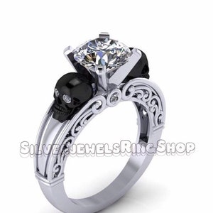 Gothic Skull Engagement Ring: Two-Tone Sterling Silver, 1.80ct CZ