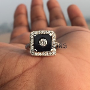 Black Onyx Square Gatsby Ring- Vintage Design- 9 mm Black Onyx Square Gatsby Ring- Antique Gatsby Ring-Promise Ring 6735