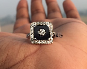 Black Onyx Square Gatsby Ring- Vintage Design- 9 mm Black Onyx Square Gatsby Ring- Antique Gatsby Ring-Promise Ring 6735