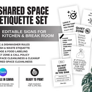 Office Kitchen & Break Room Rules | Editable Canva Shared Space Etiquette Signs | Printable Poster Set