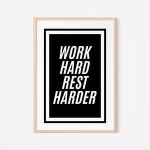 Poster &quot;Lavora duro, riposa più duramente&quot; / Arte murale motivazionale per la sala relax in ufficio / Stampa decorativa per il benessere dei dipendenti