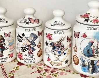 Alice in wonderland vintage inspired floral pink blue mad hatters tea party tea coffee sugar jars and cookie jar canister kilner set