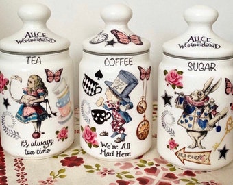 Alice in wonderland vintage inspired floral pink blue mad hatters teaparty tea coffee sugar jars canister kilner set
