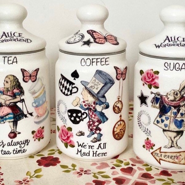 Alice in wonderland vintage inspired floral pink blue mad hatters teaparty tea coffee sugar jars canister kilner set
