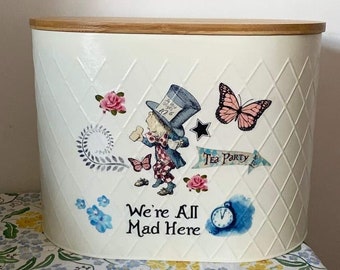 Alice in wonderland mad hatters tea party we’re all mad here blue pink vintage inspired box bread bin