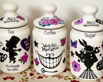 Alice in wonderland cheshire cat mad hatters teaparty tea coffee sugar jars canister kilner set