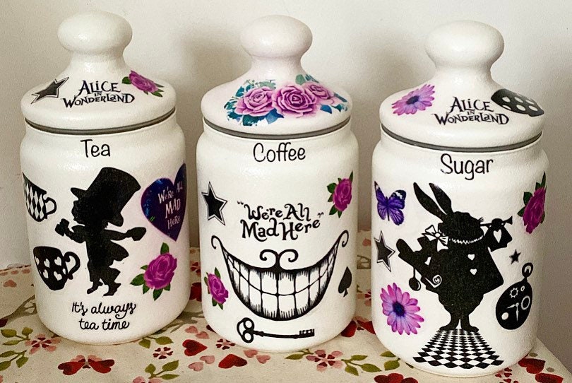 Alice in Wonderland Makeup Brush Holders, Set of 3 Glass Jars. Jar