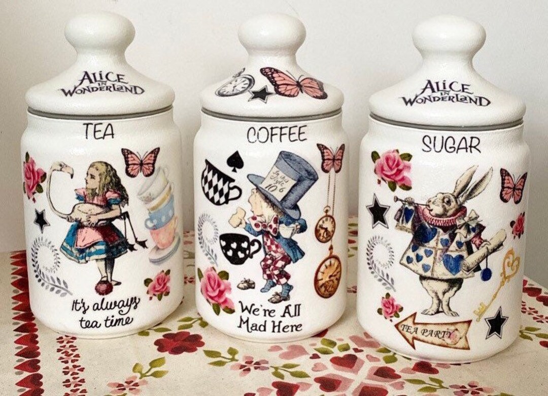 Alice au pays des merveilles chapeliers fous thé café pots de sucre Kilner ensemble de boîtes