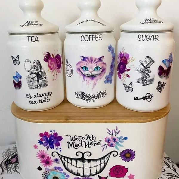 Alice in wonderland Cheshire Cat we’re all mad here tea coffee sugar jars bread bin kilner canister set