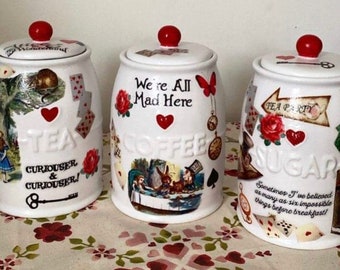 Alice in wonderland mad hatters teaparty tea coffee sugar jars canister kilner set