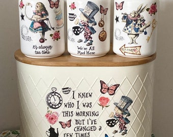Alice in wonderland vintage inspired floral pink blue mad hatters teaparty tea coffee sugar jars and bread bin canister kilner set