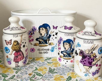 Alice in wonderland vintage inspired floral pink blue purple mad hatters teaparty tea coffee sugar jars and bread bin canister kilner set