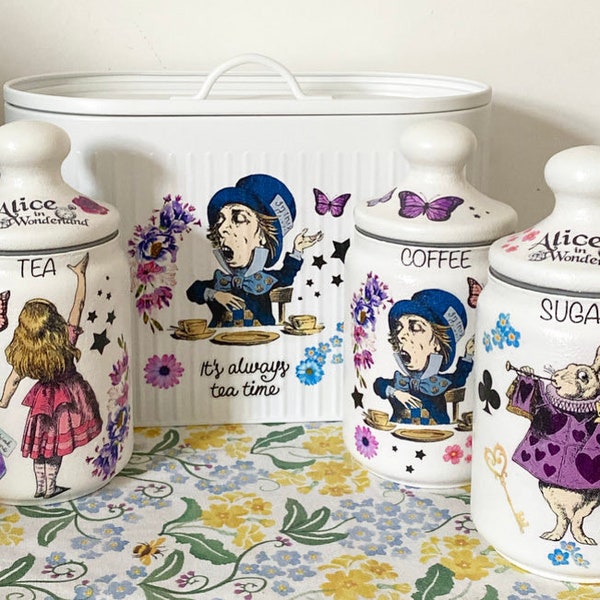 Alice in wonderland vintage inspired floral pink blue purple mad hatters teaparty tea coffee sugar jars and bread bin canister kilner set