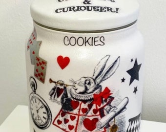 Alice in wonderland white rabbit cookie biscuit jar kilner canister