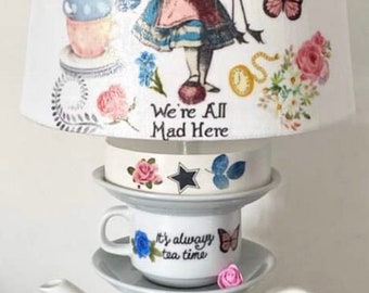 Alice in wonderland and the flamingo mad hatters tea party vintage inspired teapot lamp