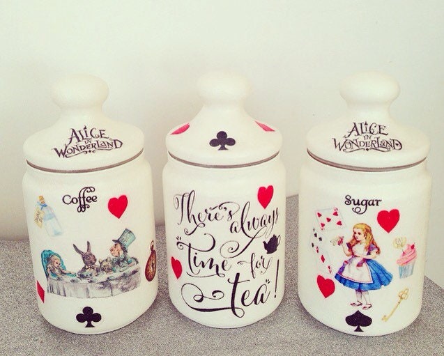 Alice in Wonderland Mad Hatters Teaparty Tea Coffee Sugar Jars