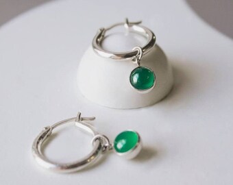 Silver earrings with green chalcedony pendants, silver congo with green stones, earrings with pendant, silver hoops with chalcedony