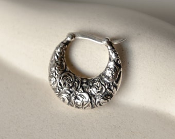 Ethnic earrings with flowers and patina 1, black earrings, ukrainian traditional hoops, ukrainian jewelry, crescent earrings