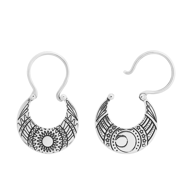Ethnic earrings, folk earrings, silver earrings with patina, traditional Ukrainian silver hoops, crescent earrings, boho earrings