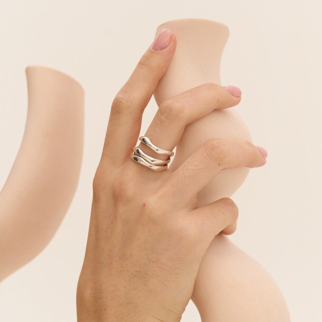 Set of 3 Rings Sculpt4 Wavy Rings Smooth Silver Rings Etsy