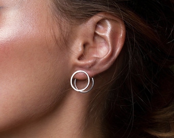 Double circle earrings, round earrings, circle studs, sterling silver, two circle, jacket earings, contemporary jewelry